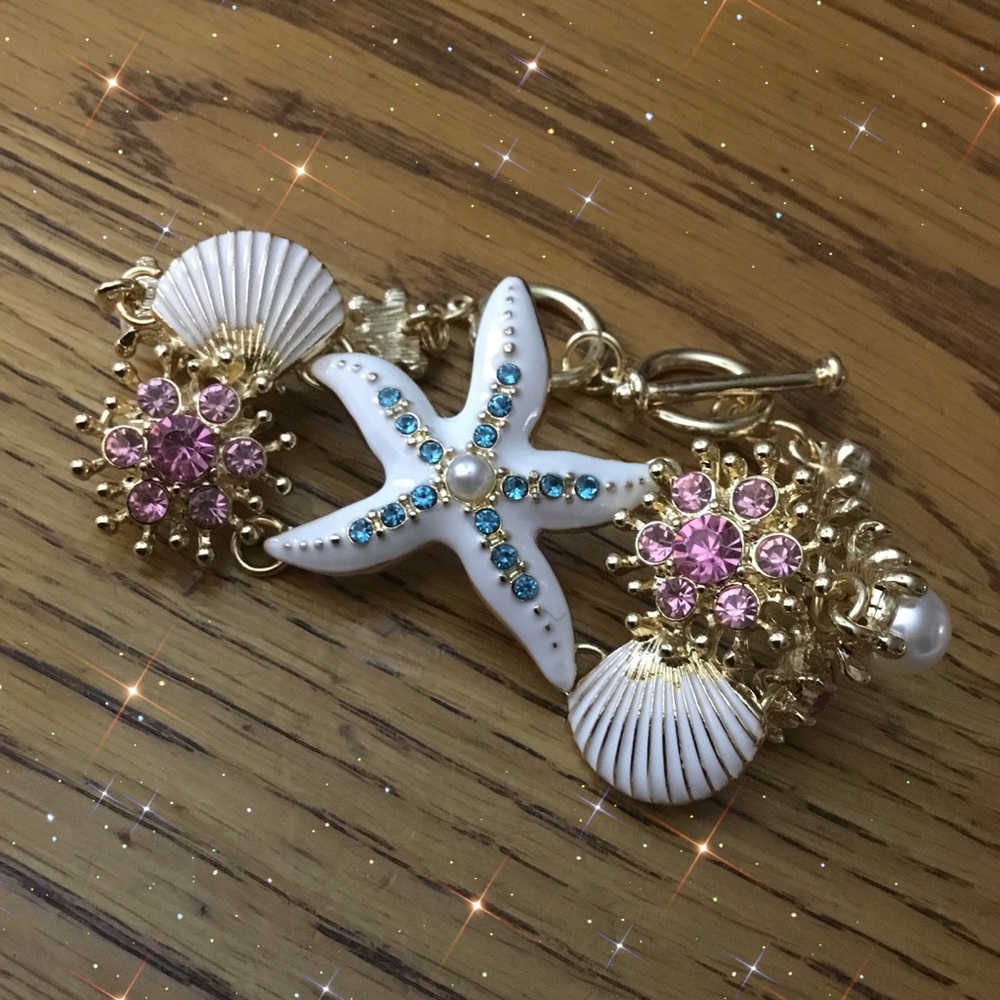 Ocean Starfish Seashell Gold Toned Statement Bracelet